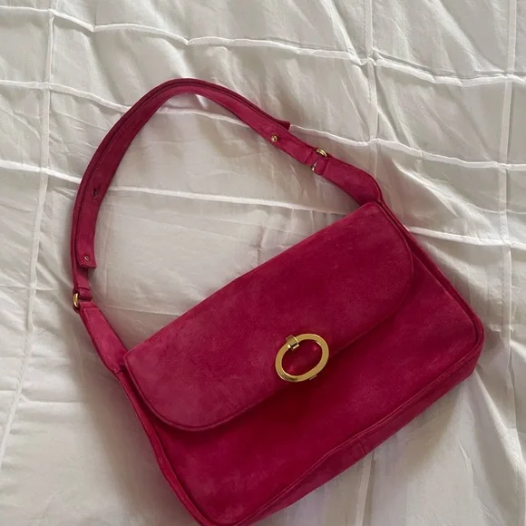 Pink Suede Shoulder Bag with Gold Ring Accent - Picture 1 of 4